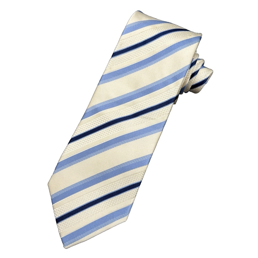 Donald Trump Tie 100% Silk White Blue Signature Collection Luxury Striped 61"